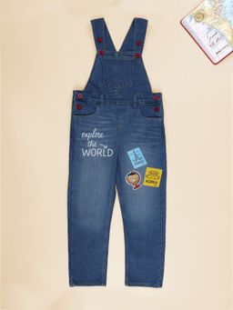 KiddoPanti - Boys Blue Denim Dungaree with Travelling Theme Prints