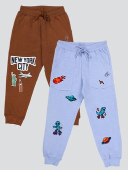 KiddoPanti - Boys Multi-Color Printed Fleece Joggers with Multi Badge (Pack of 2)