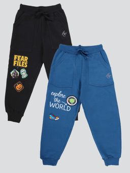 KiddoPanti - Boys Multi-Color Printed Fleece Joggers with Multi Badge (Pack of 2)