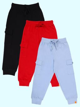 KiddoPanti - Boys Multi-Color Solid Cotton Knit Cargo Joggers (Pack of 3)