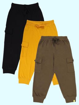 KiddoPanti - Boys Multi-Color Solid Cotton Knit Cargo Joggers (Pack of 3)