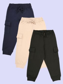 KiddoPanti - Boys Multi-Color Solid Fleece Cargo Pocket Joggers (Pack of 3)