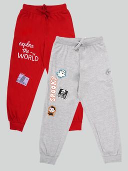 KiddoPanti - Boys Cotton Printed Joggers with Multi Badge (Pack of 2)
