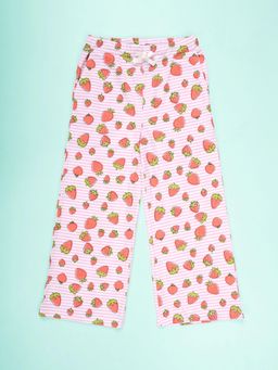 KiddoPanti - Girls Pink Cotton Aop Printed Pyjama with Elasticated Waist Band