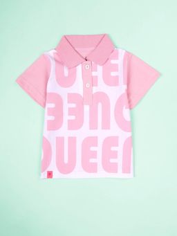 KiddoPanti - Girls Pink Cotton Graphic Bold Letter Printed Crop Polo T-Shirt