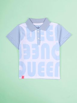 KiddoPanti - Girls Blue Cotton Graphic Bold Letter Printed Crop Polo T-Shirt