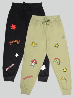 KiddoPanti - Girls Cotton Printed Joggers with Multi Badge (Pack of 2)