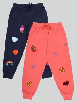 KiddoPanti - Girls Cotton Printed Joggers with Multi Badge (Pack of 2)