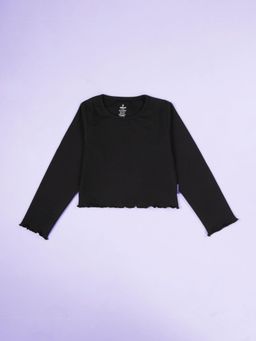 KiddoPanti - Girls Black Cotton Solid Full Sleeve Crop T-Shirt