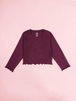 KiddoPanti - Girls Wine Cotton Solid Full Sleeve Crop T-Shirt