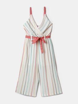 Nautinati - White Striped Printed Jumpsuit with Belt for Girls