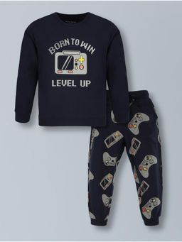 PLUM TREE - Boys Navy Blue Cotton Printed T-Shirt and Joggers
