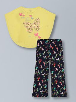 PLUM TREE - Girls Poncho Top and Printed Straight Pant