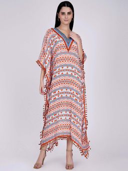 First Resort by Ramola Bachchan - Orange And Blue Aztec Mid Length Kaftan