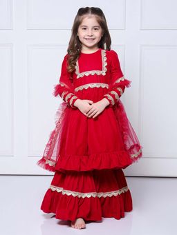 THE PONY & PEONY CO. - Red Velvet Kurta with Sharara and Dupatta (Set of 3)