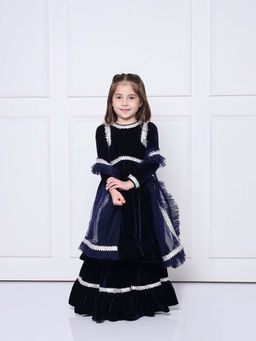 THE PONY & PEONY CO. - Navy Blue Velvet Kurta with Sharara and Dupatta (Set of 3)