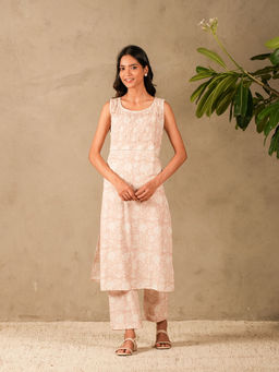 Akiso - Light Pink Floral Hand Block Print Sleeveless Kurta Set (Set of 2)