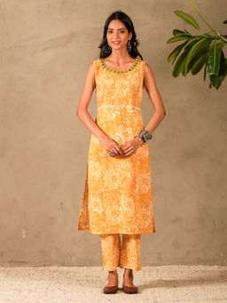 Akiso - Yellow Hand Block Print Sleeveless Kurta Set (Set of 2)