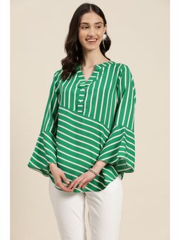 Qurvii - Green and White Stripe with Mandarin Collar and Bell Sleeves Shirt