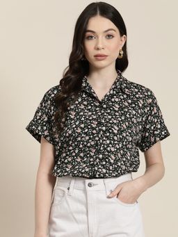 Qurvii - Black Floral Drop Shoulder Collar Shirt