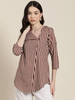 Qurvii - Wine and White Striped Flap Collar Shirt