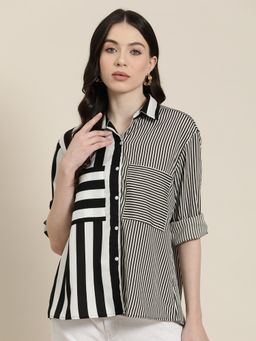 Qurvii - Black and White Colorblock Stripe Shirt