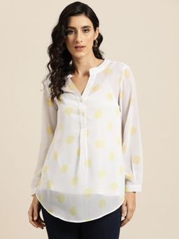 Qurvii - White and Yellow Polka Georgette Half Placket with Full Sleeves Shirt