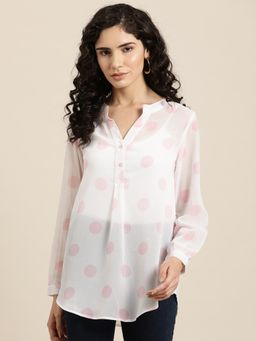 Qurvii - White and Pink Polka Georgette Mandarin Collar Shirt