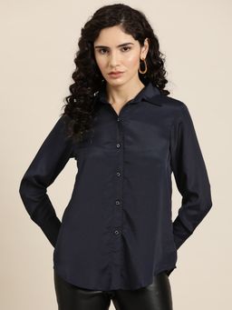 Qurvii - Navy Blue Embellished Button Party Shirt
