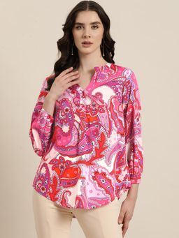 Qurvii - Pink Paisley Mandarin Collar Shirt