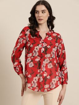 Qurvii - Red Floral Georgette Half-Placket with Full Cuff Sleeves Shirt