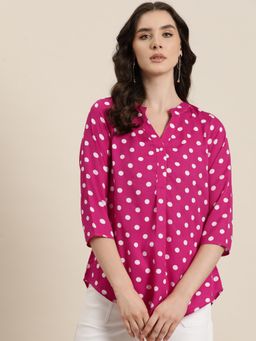 Qurvii - Magenta White Polka Crepe Half-Placket Shirt