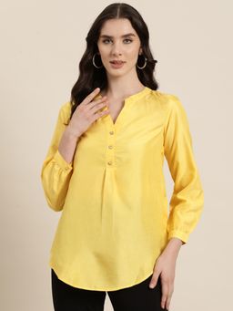 Qurvii - Yellow Silk Half-Placket with Full Cuff Sleeves and Embellished Buttons Shirt