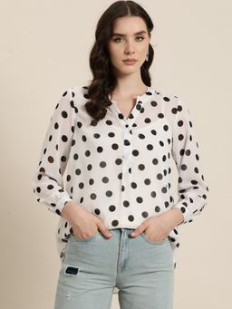 Qurvii - White and Black Polka Georgette Half Placket Shirt