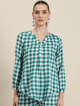 Qurvii - Teal and White Plaid Half Placket with Full Cuff Sleeves Shirt