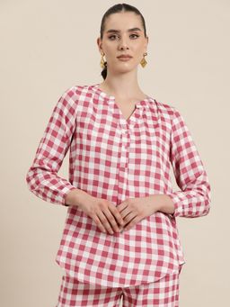 Qurvii - Pink and White Plaid Half Placket with Full Cuff Sleeves Shirt