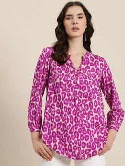 Qurvii - Magenta Leopard Print Half Placket with Full Cuff Sleeves Shirt