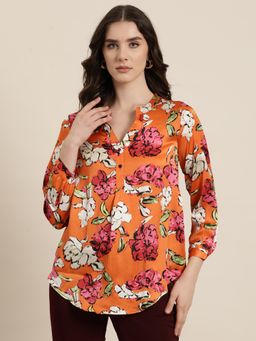 Qurvii - Orange Satin Floral Print Mandarin Collar Shirt