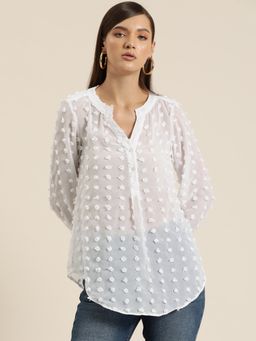 Qurvii - White Swiss Dott Half Placket Shirt