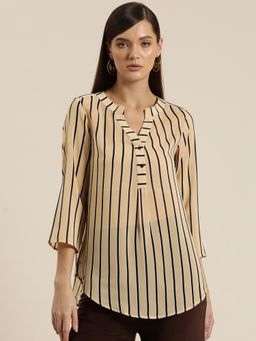 Qurvii - Beige Stripe Half Placket Shirt