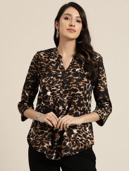 Qurvii - Brown Leopard Print Half Placket Shirt