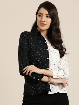 Qurvii - Black and White Small Polka Dott Full Placket Shirt