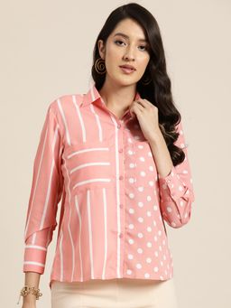 Qurvii - Pink and White Small Polka Dott and Stripe Full Placket Shirt