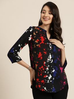 Qurvii - Multi Colour Print Crepe Half Placket Shirt