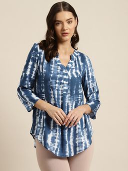 Qurvii - Blue and White Tie and Die Half Placket Shirt