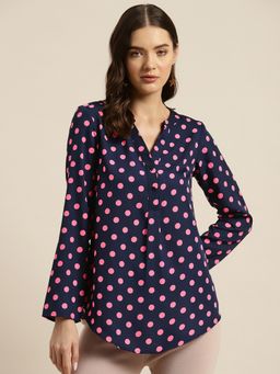 Qurvii - Navy Blue and Pink Polka Dot Shirt
