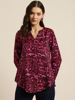 Qurvii - Wine and Black Leopard Print Half Placket Shirt