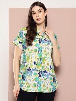 Qurvii - Lime Green Tropical Print Full Placket Resort Shirt