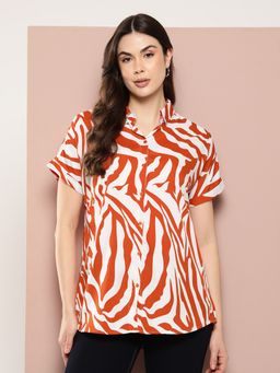 Qurvii - Orange Zebra Print Full Placket Resort Shirt