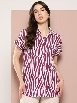 Qurvii - Wine Zebra Print Full Placket Resort Shirt